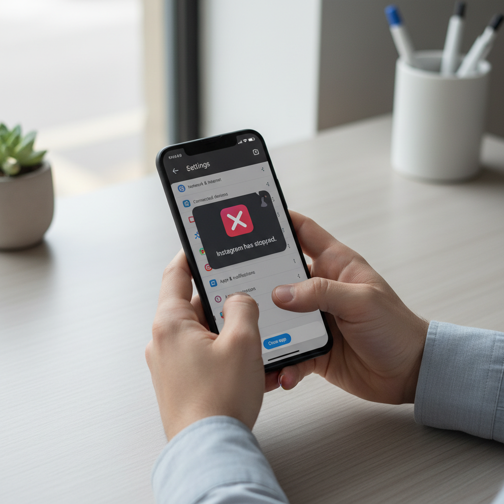 Android phone showing Instagram app crash screen and troubleshooting steps
