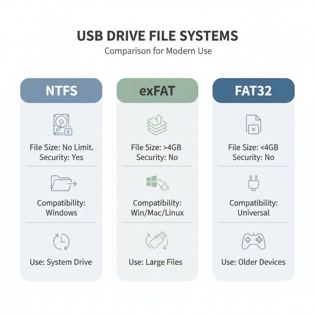 Comparison chart of NTFS exFAT and FAT32 for USB formatting
