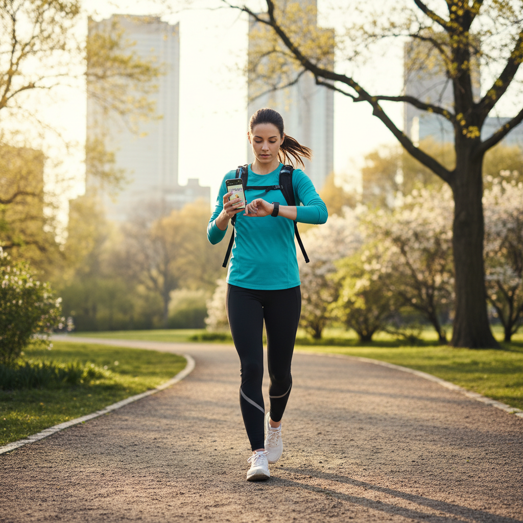Runner checking a budget fitness tracker during an outdoor run