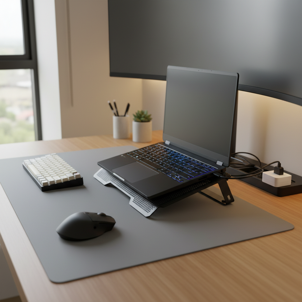 Proper gaming laptop cooling pad setup with rear elevation and clear exhaust space