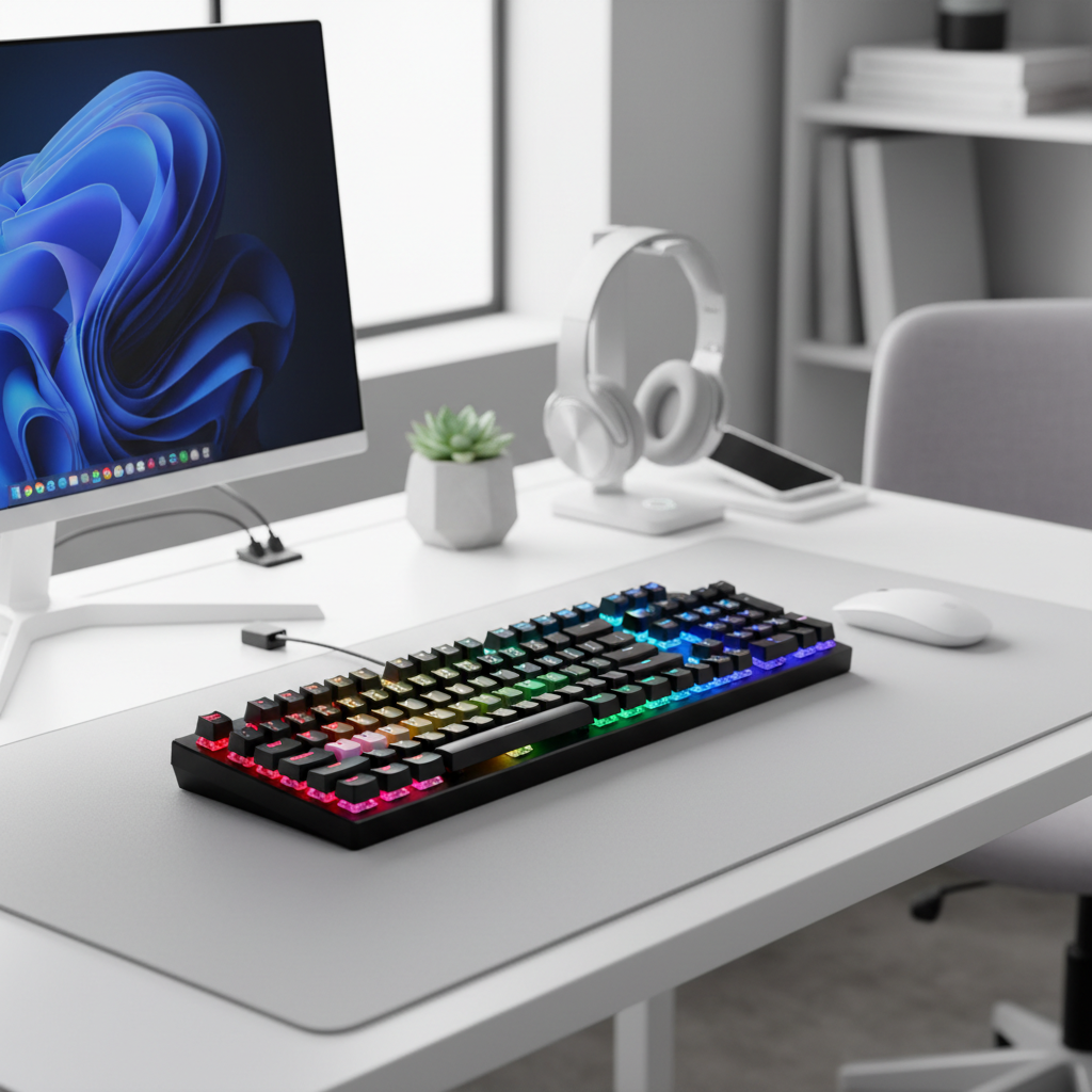 Budget RGB mechanical keyboard on a desk with visible per-key lighting