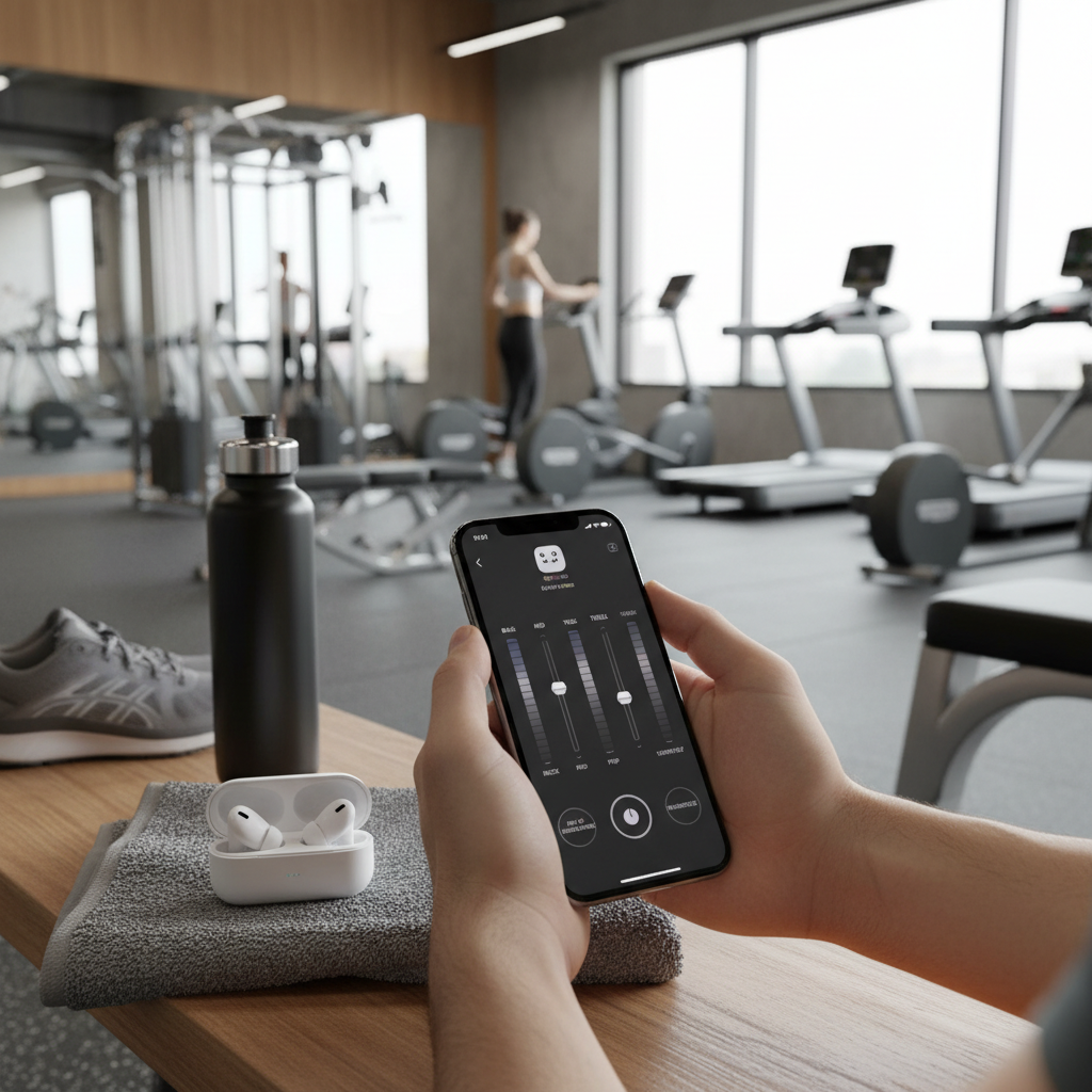 Person using a wireless earbuds app to adjust EQ and controls before a workout