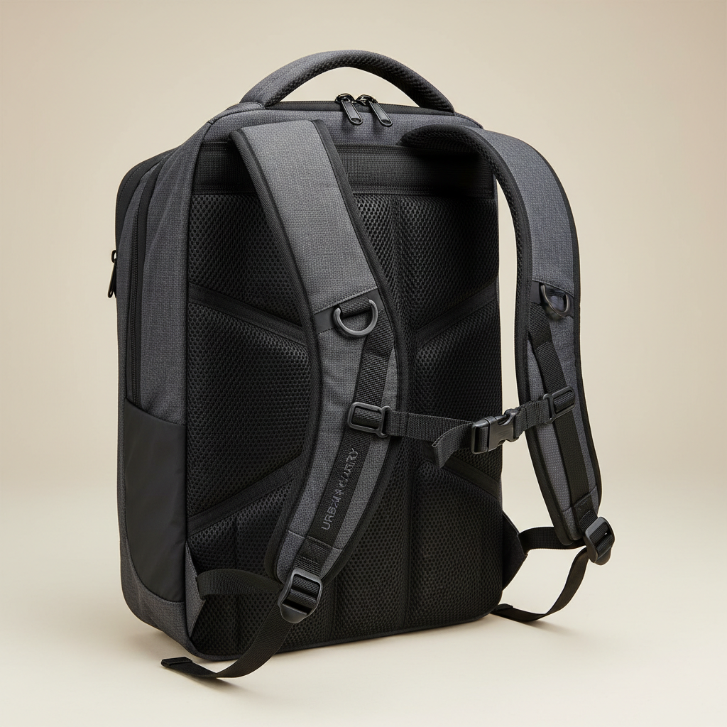 Close-up of padded shoulder straps and ventilated back panel on a laptop backpack