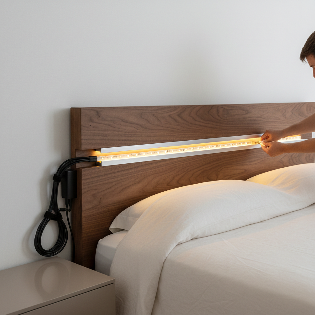 Installing LED strip lights with diffuser channel behind a headboard for smooth glow
