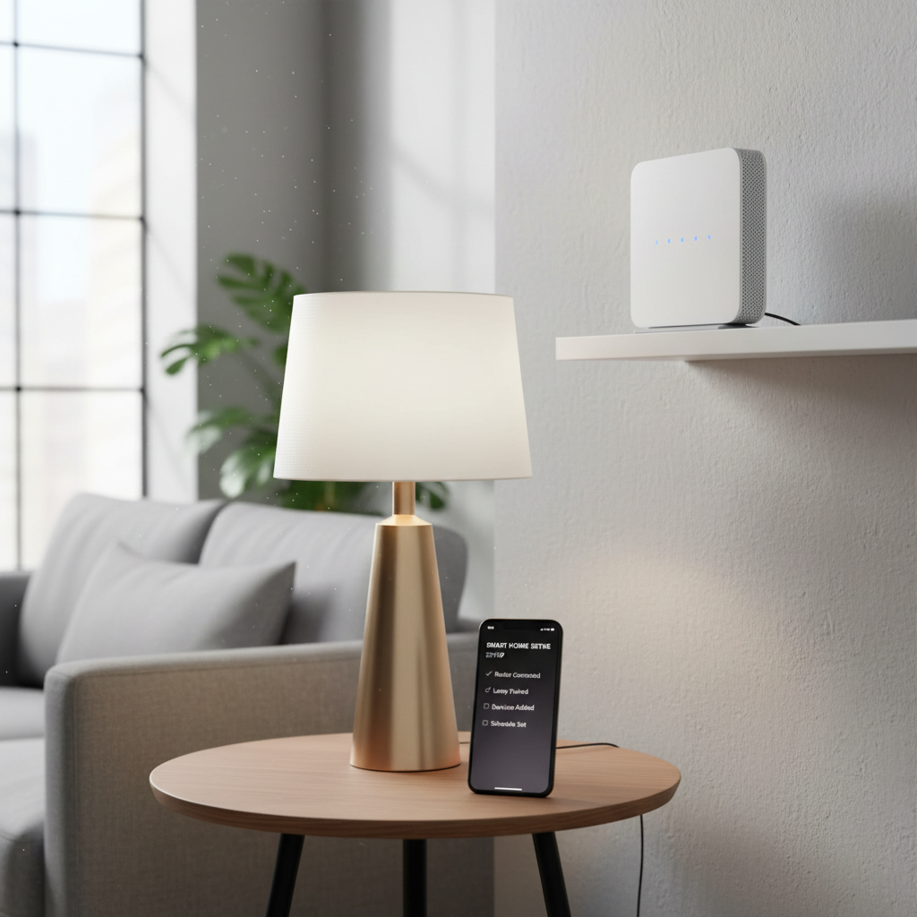 Home Wi-Fi router and smart bulb setup checklist on a phone screen