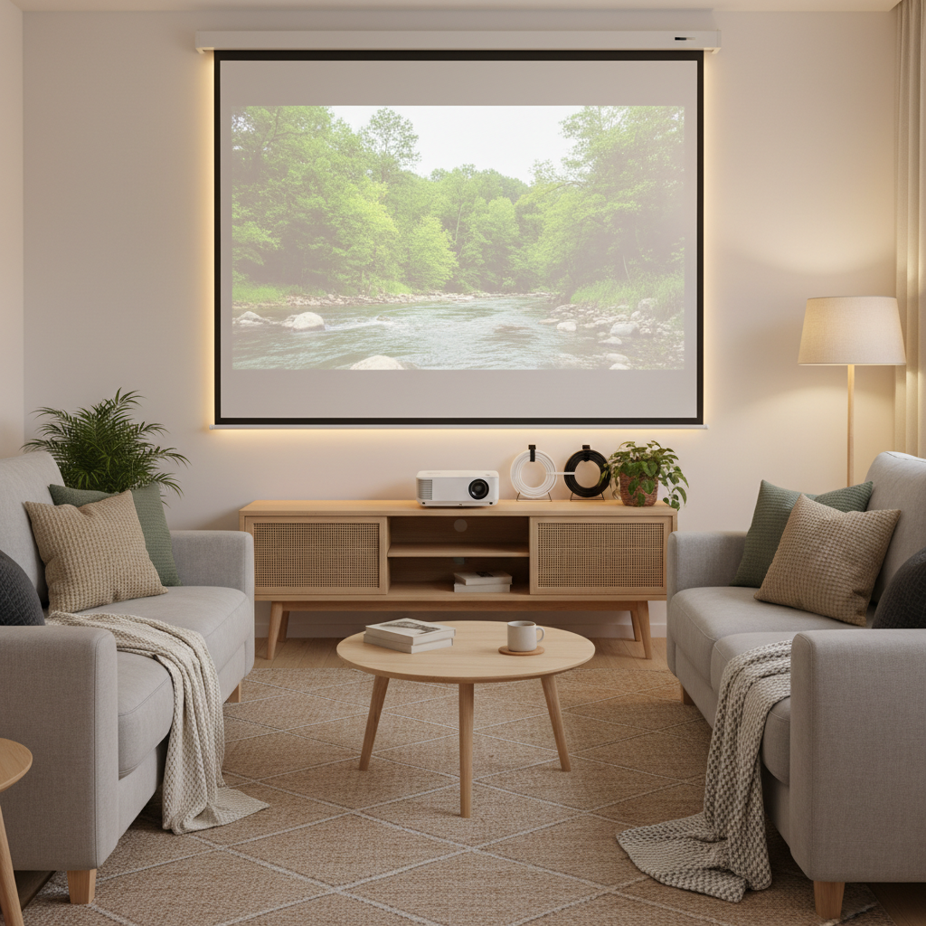 Cozy home theater living room with a budget projector and pull-down screen