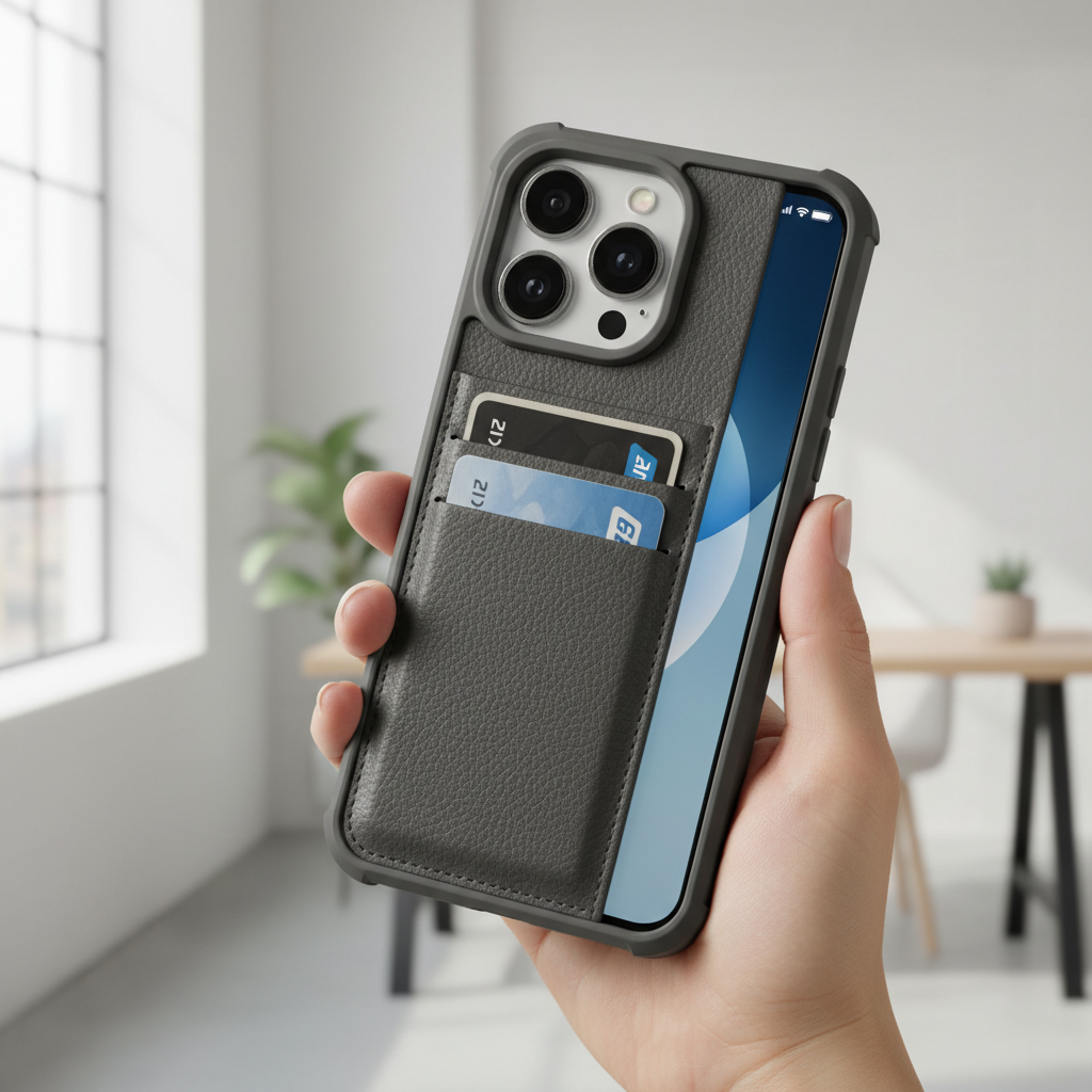 Testing card holder phone case thickness and drop protection with hands holding phone