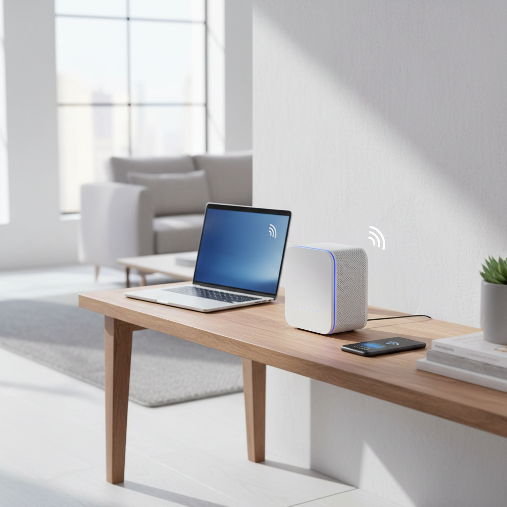 Home WiFi troubleshooting with router, phone, and laptop