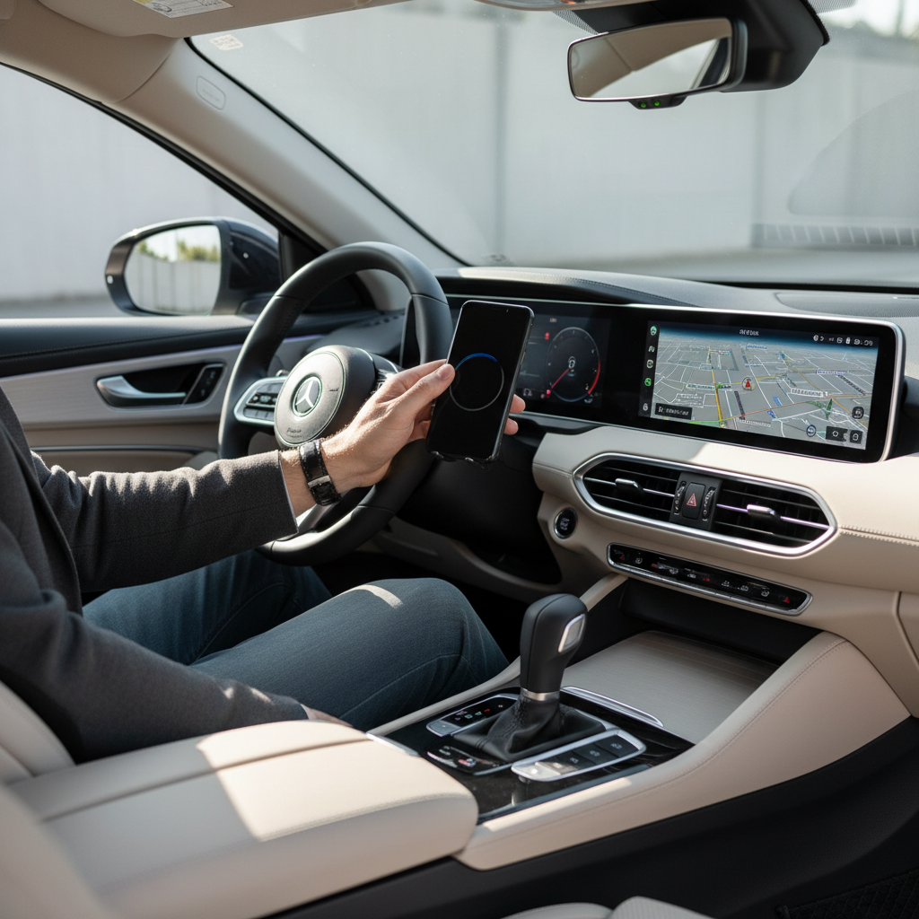 Driver placing phone onto magnetic wireless car charger mount with one hand