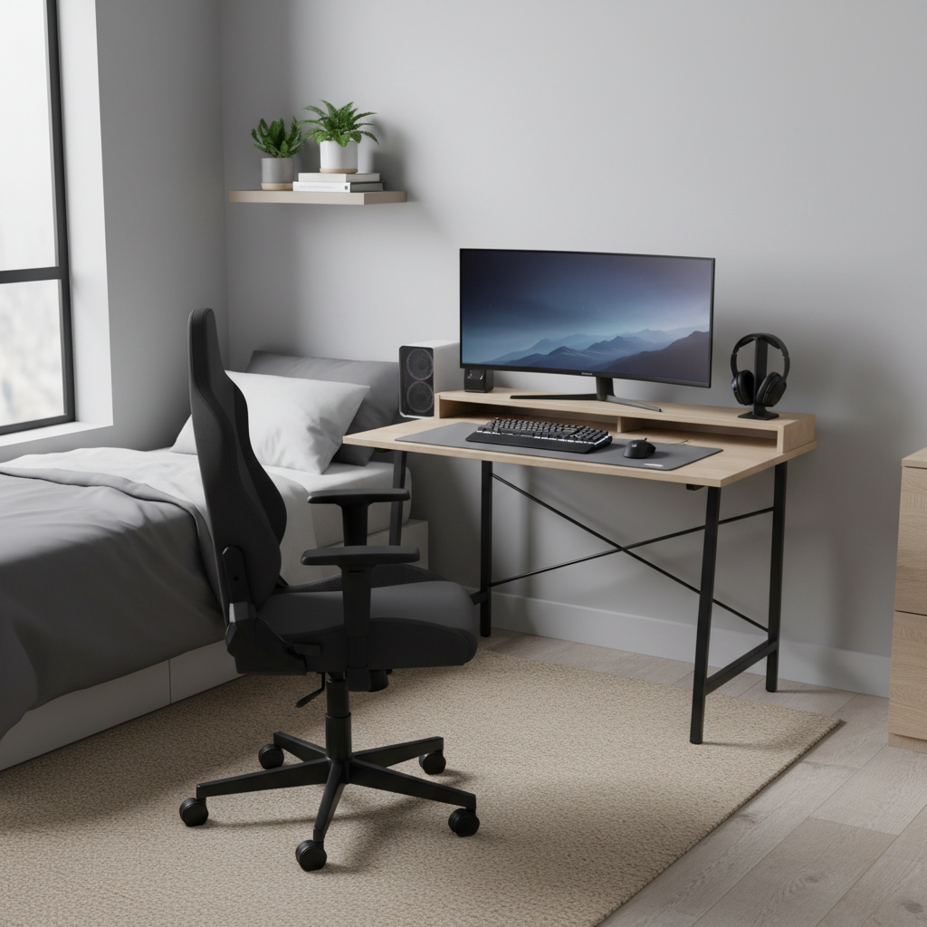 Budget gaming chair setup under $100 in a small PC gaming desk area