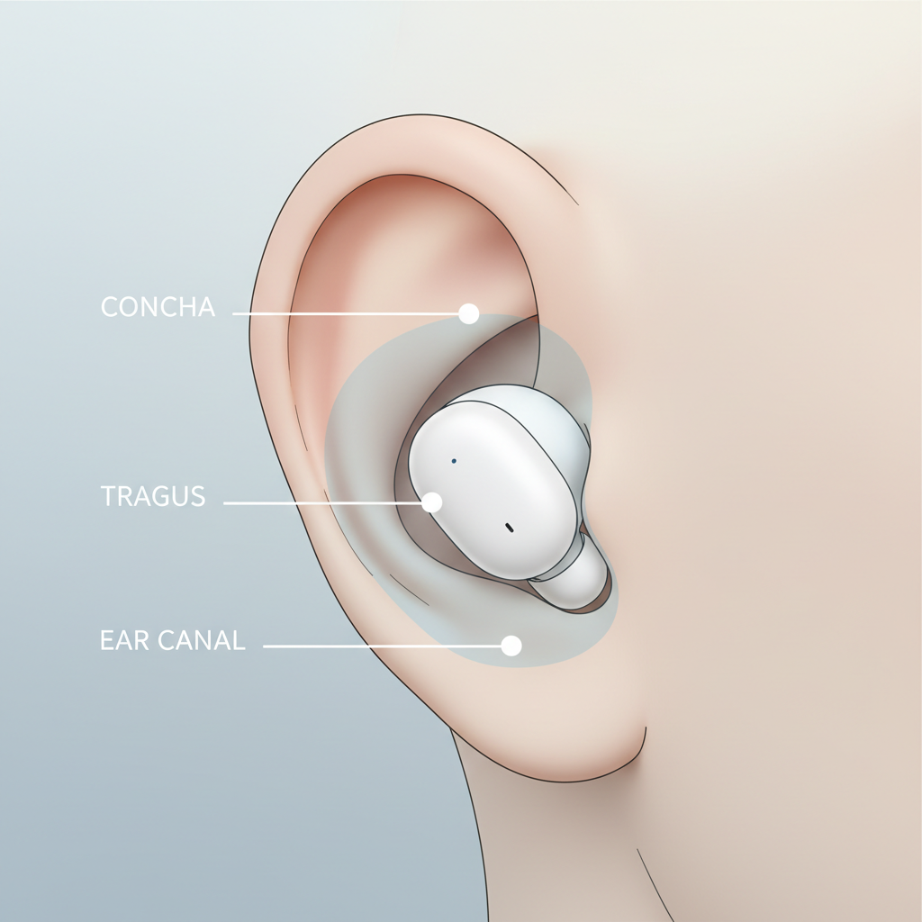 Diagram-style view of earbud fit points in a small ear
