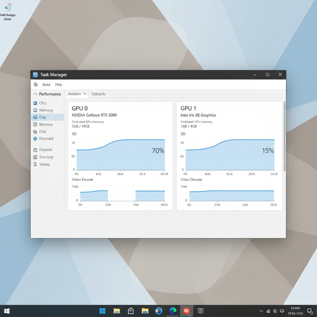 Windows 11 Task Manager Performance tab showing GPU 0 and GPU 1