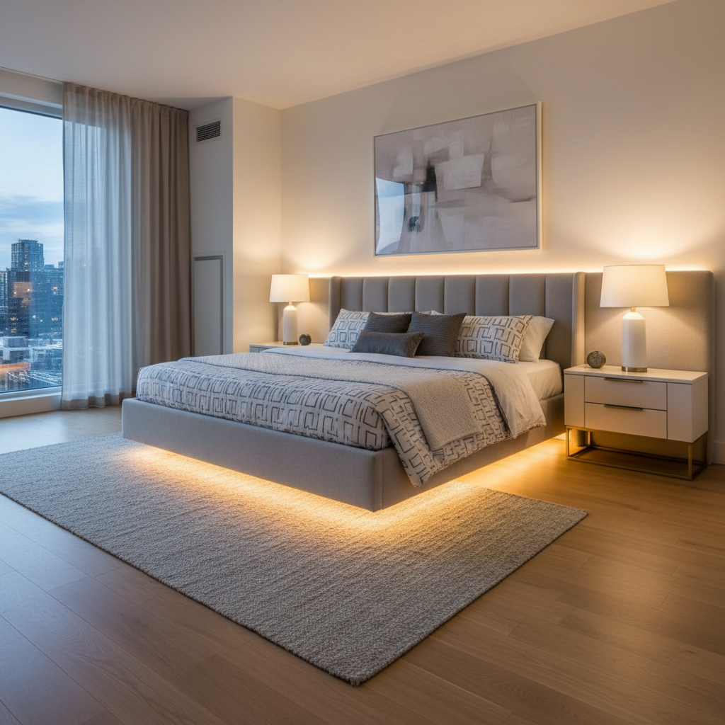 Cozy bedroom with LED strip lights behind headboard and under bed frame