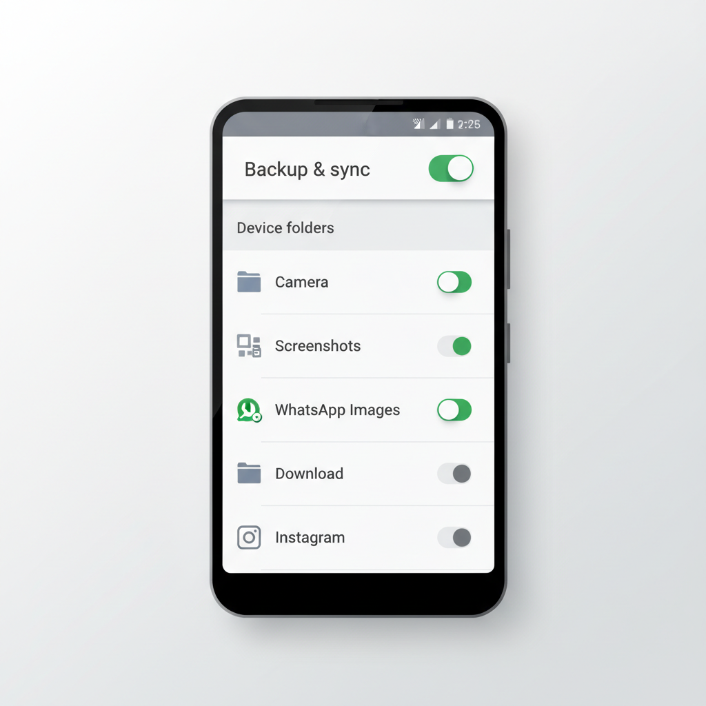Android Google Photos backup toggle and device folders menu