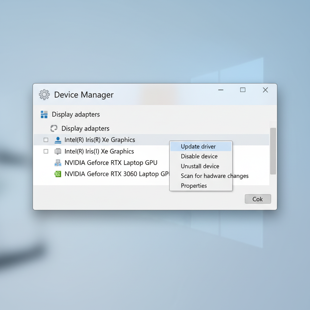 Device Manager in Windows 11 showing Display adapters and driver update option