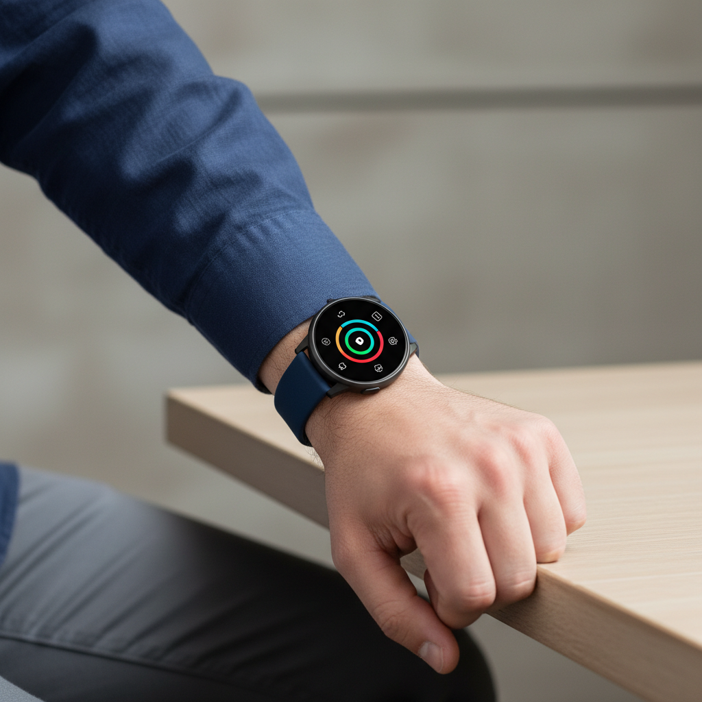 Affordable smart watch on a man’s wrist showing fitness and notifications