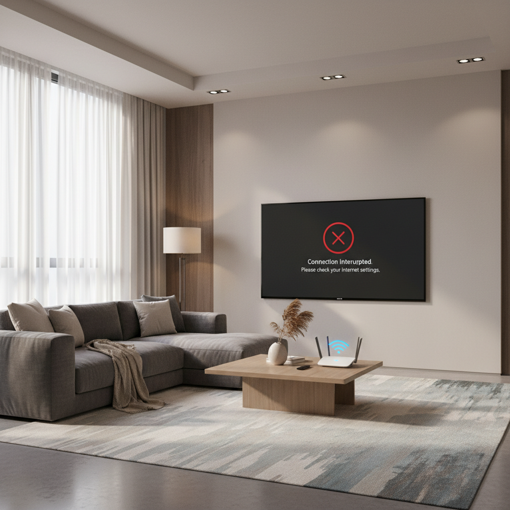 Smart TV showing Netflix error screen with home Wi-Fi router on table