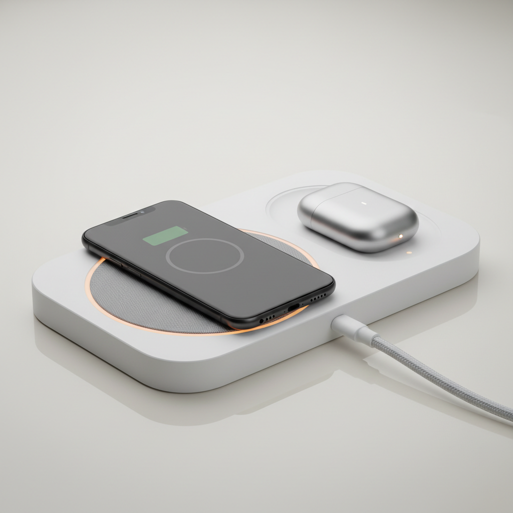 Close-up of wireless charging dock showing coil alignment and USB-C power input