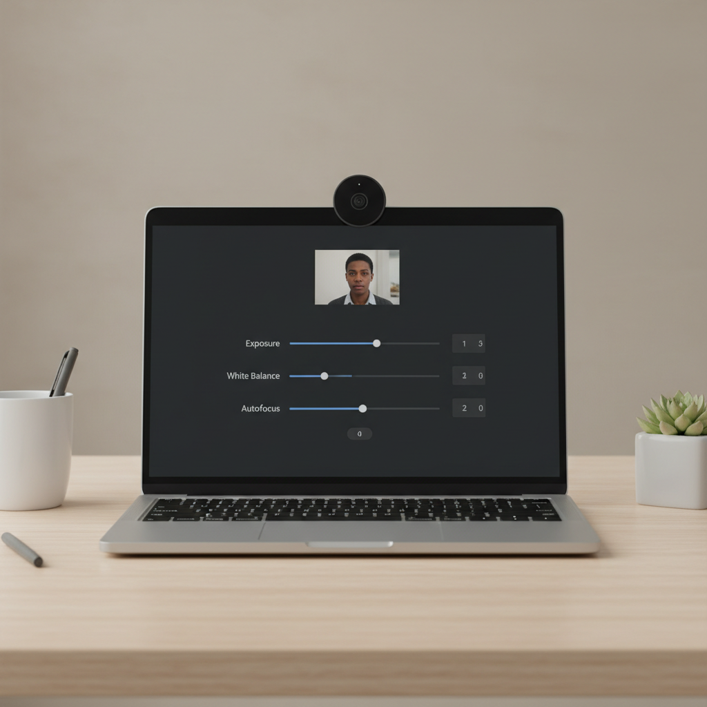 Zoom webcam settings on a laptop showing exposure and white balance controls