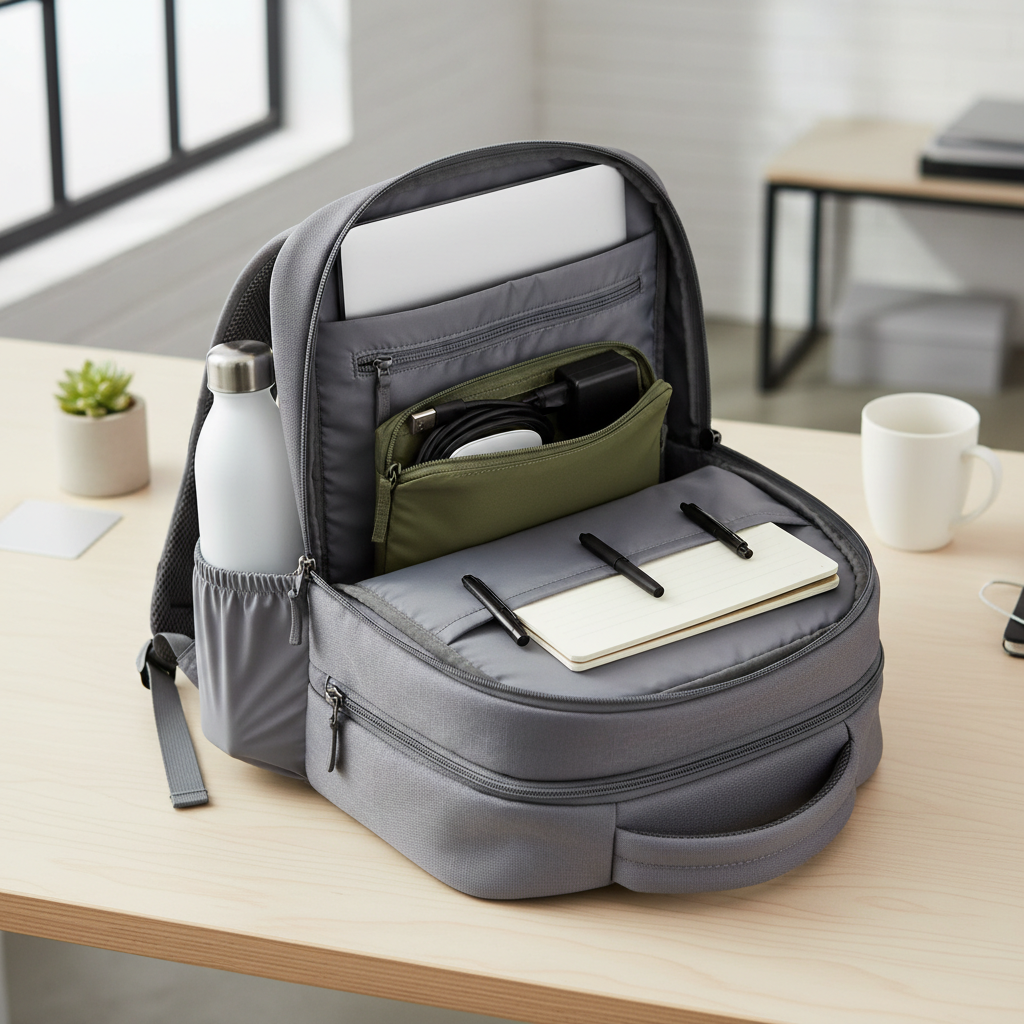 Organized laptop backpack interior with tech pouch, charger, and notebook