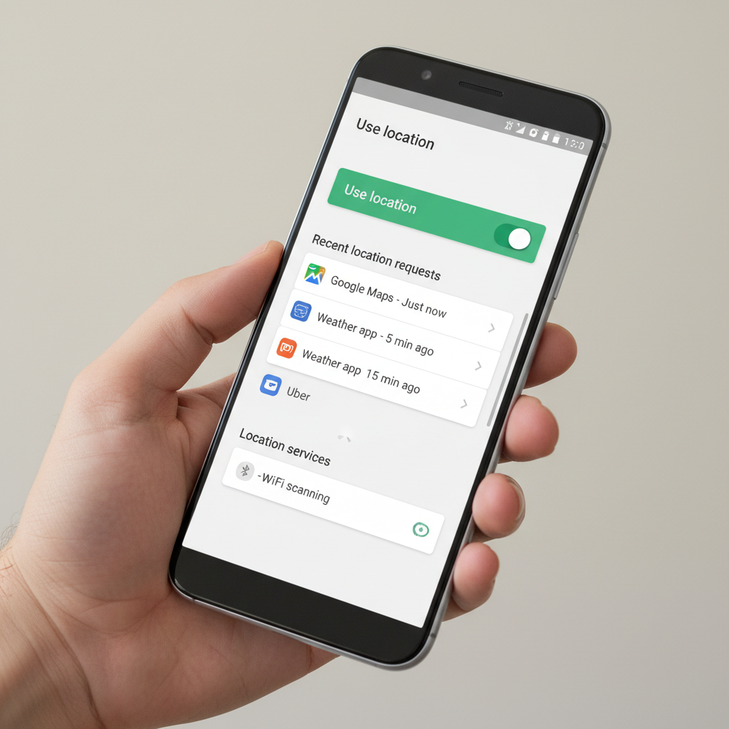 Android Location settings screen showing the Location toggle and recent location requests