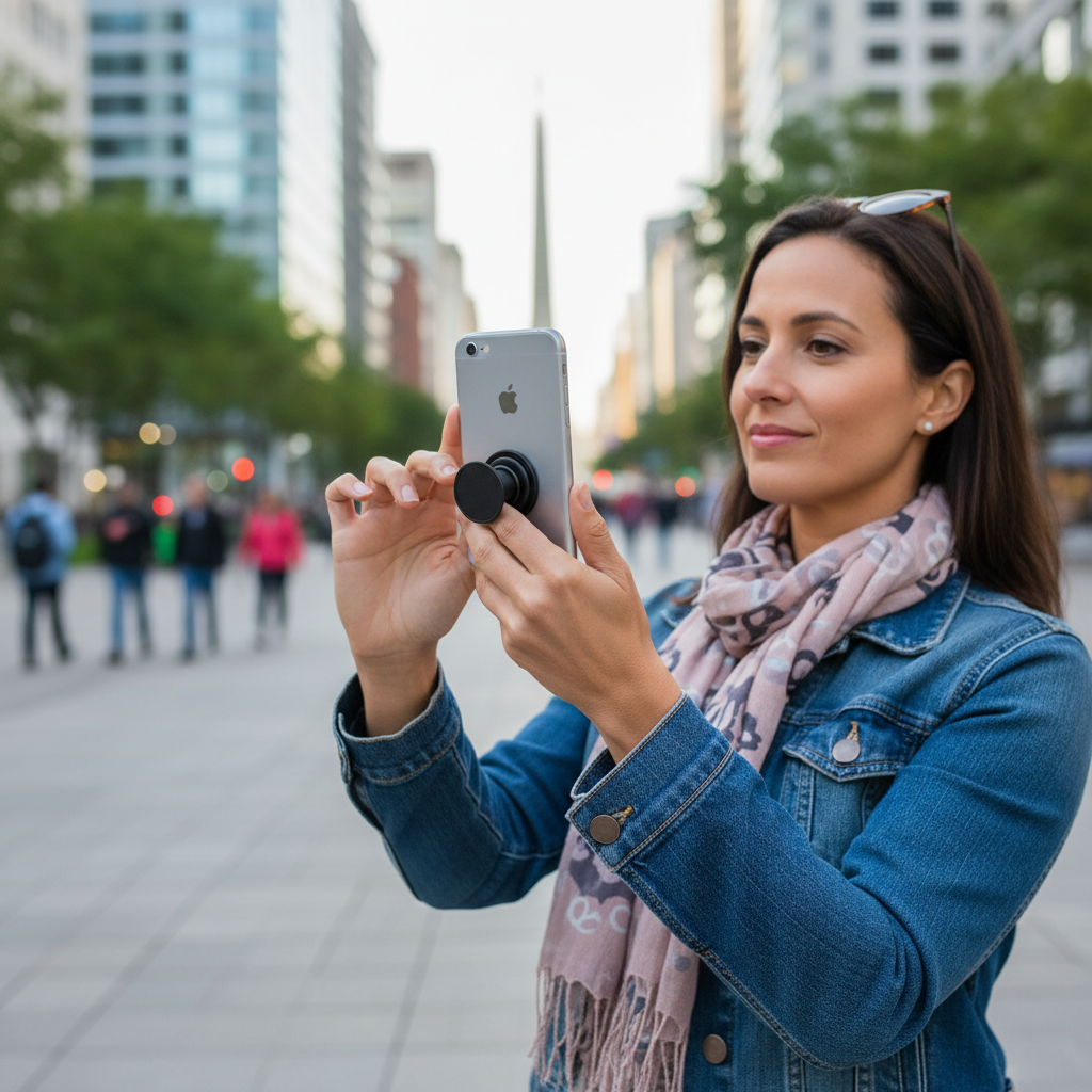 Person using a phone grip comfortably for one-handed scrolling and taking a photo outdoors