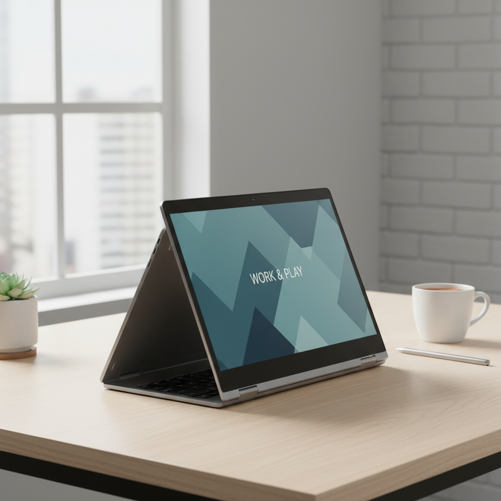 Budget 2-in-1 touchscreen laptop in tent mode on a desk