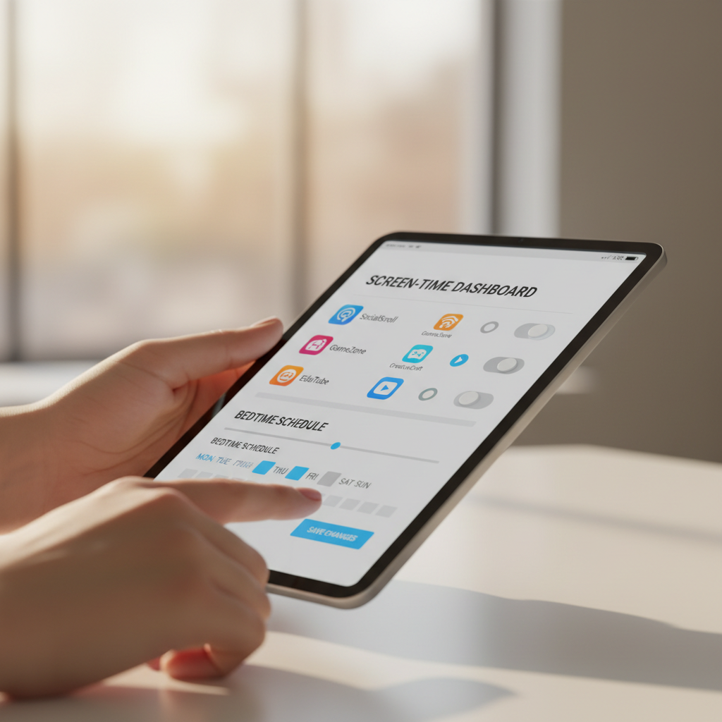 Parental control setup on a kids tablet showing screen time limits and app approval