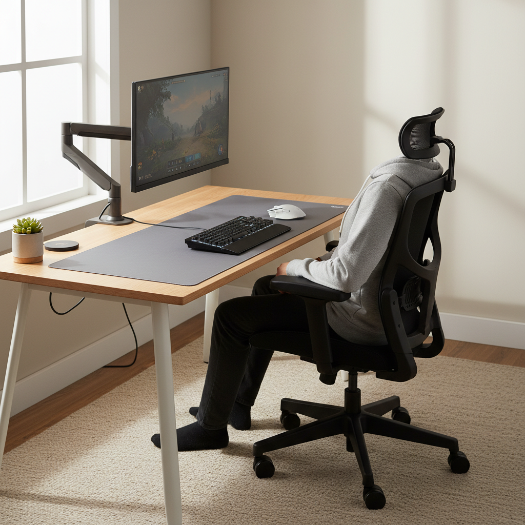 Budget ergonomic gaming desk setup with monitor arm and proper posture alignment