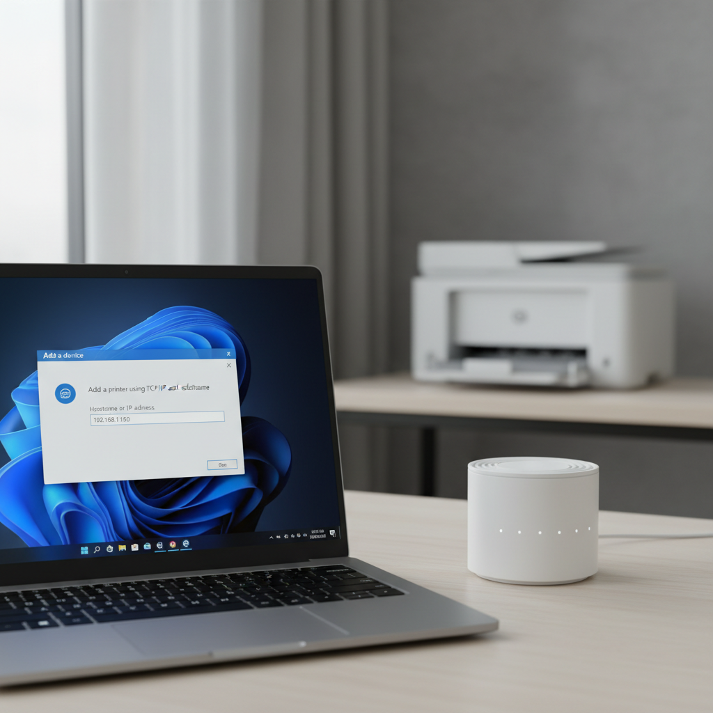 Adding a network printer by IP address on Windows 11 with a Wi-Fi router in the background