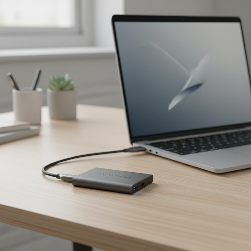 Budget external SSD connected to a USB-C laptop for portable storage