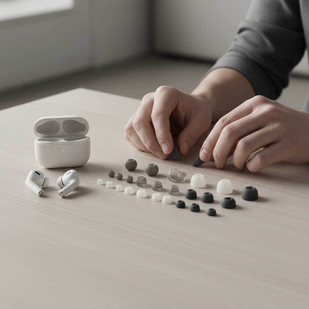 Person choosing ear tips for wireless earbuds for better seal and comfort