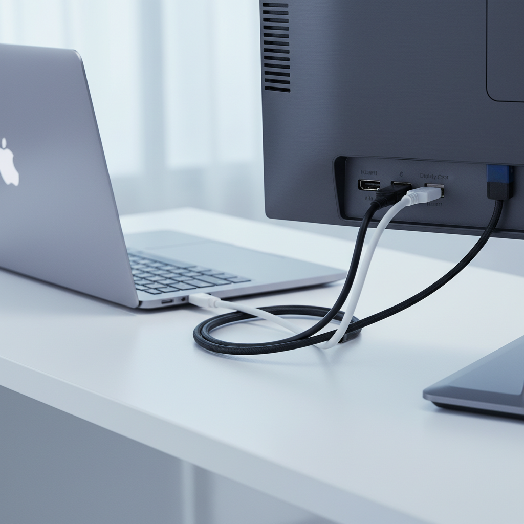 Close-up of monitor ports showing HDMI and USB-C for a home office