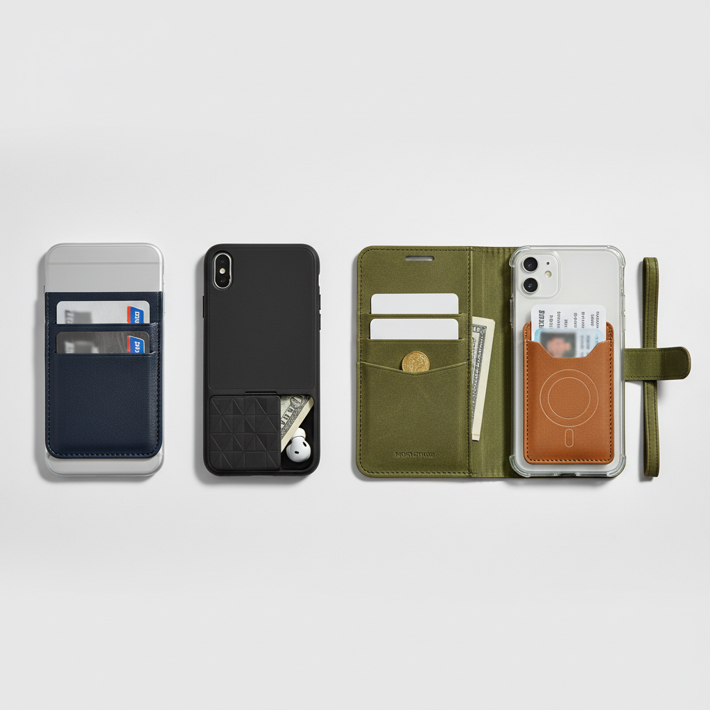 Comparison of different card holder phone case styles: slot, sliding compartment, folio, MagSafe wallet