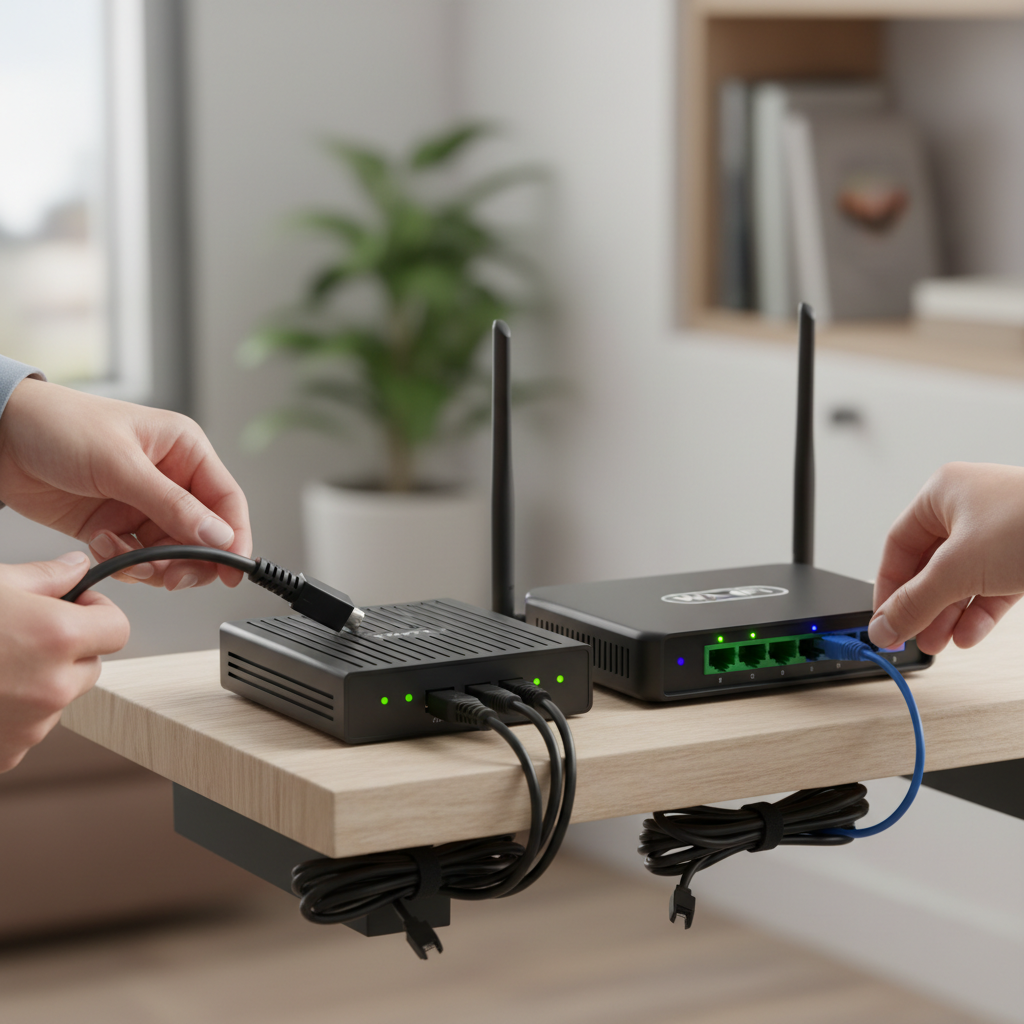 Person power cycling modem and WiFi router in a home internet setup