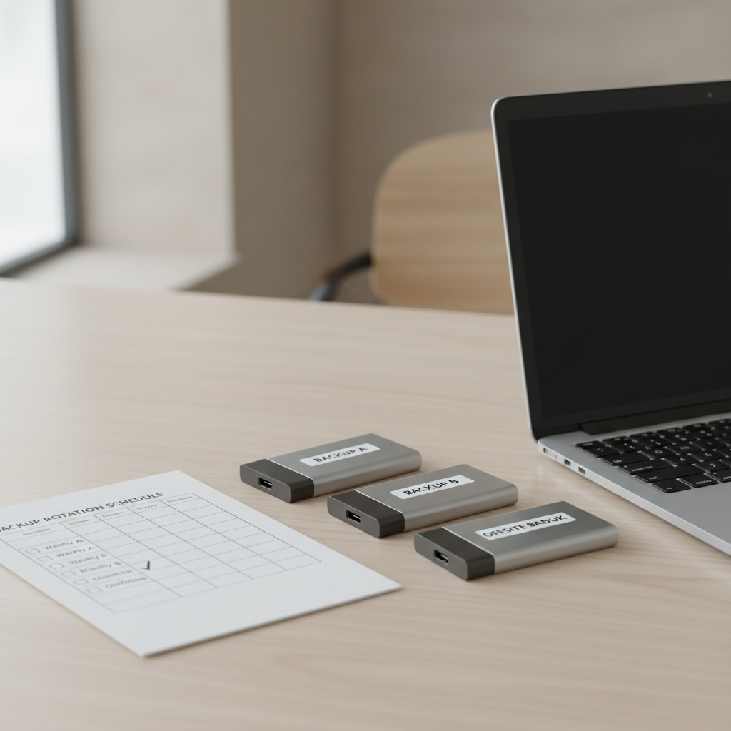 External SSD used for backup rotation with labeled drives and checklist