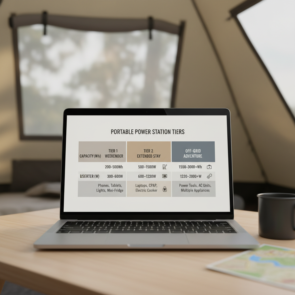 Comparison table concept for camping power station capacity and outputs