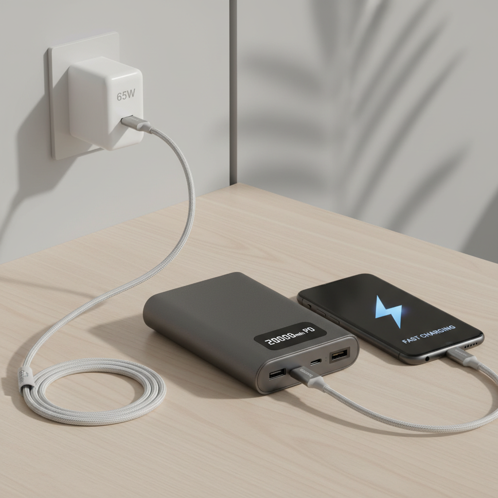 USB-C PD cable and charger setup for a 20000mAh power bank on a clean desk