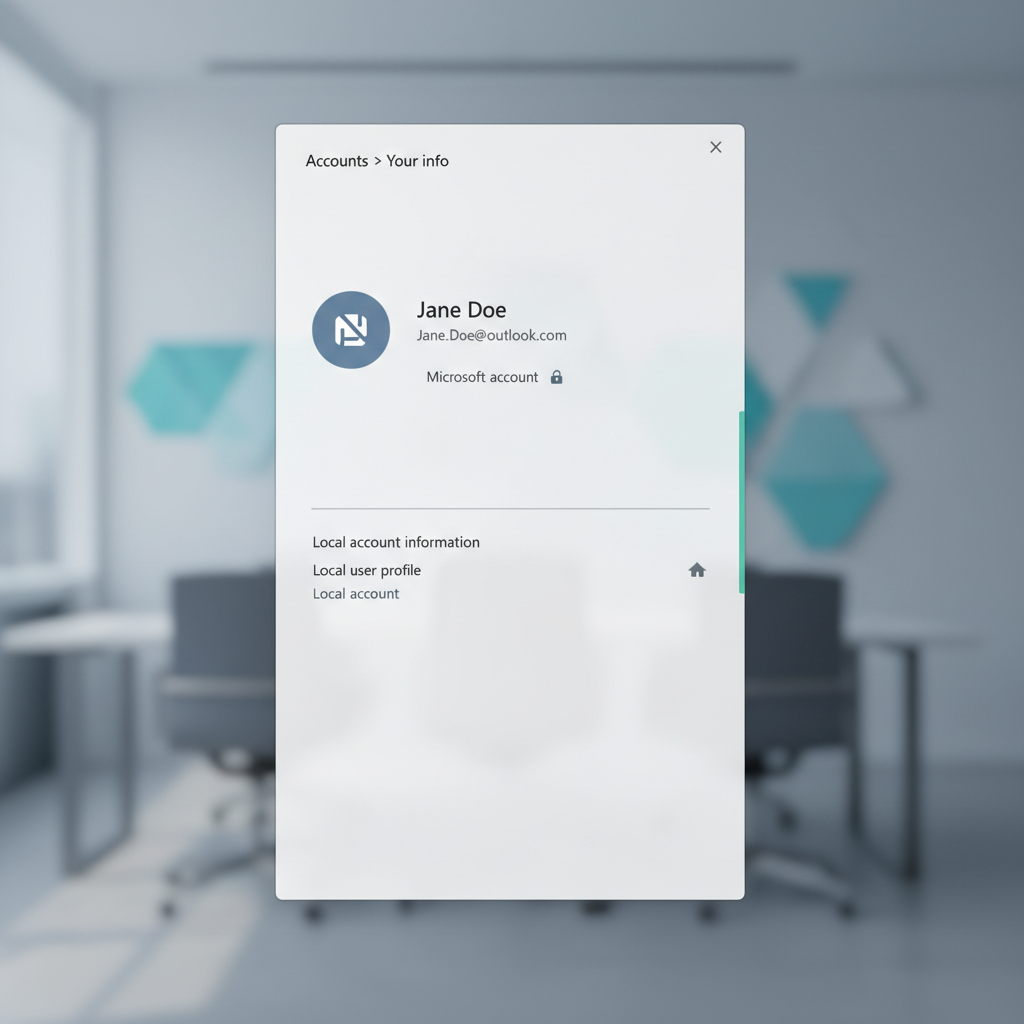 Windows 11 Accounts page indicating Microsoft account vs local account