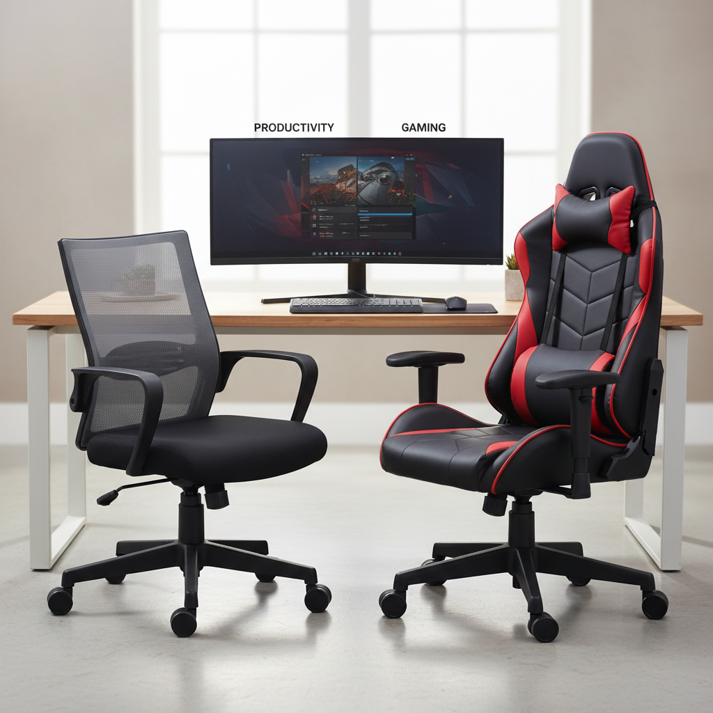 Mesh office chair vs racing-style gaming chair comparison at a desk