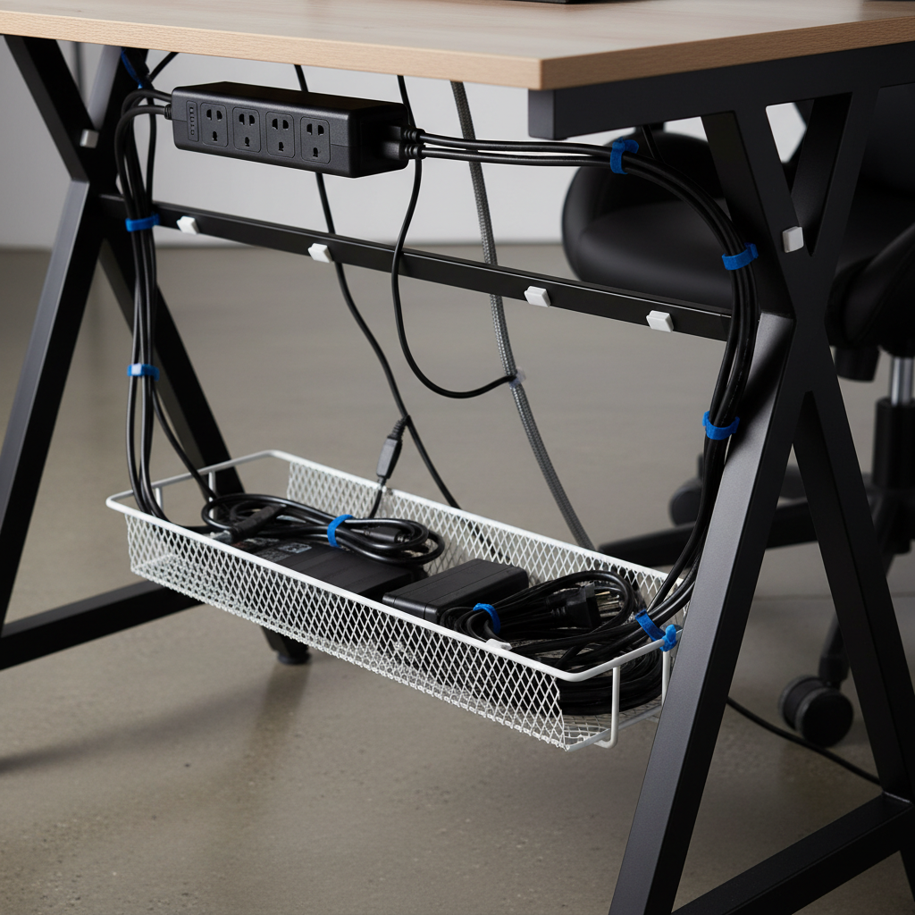 Budget desk cable management with under-desk tray and velcro ties