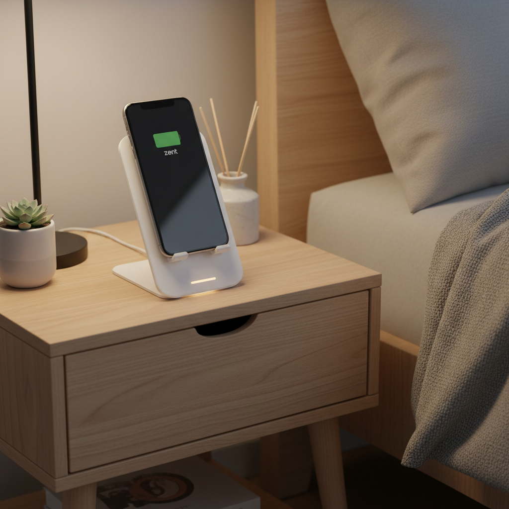 Nightstand setup with wireless charging stand and dim indicator light