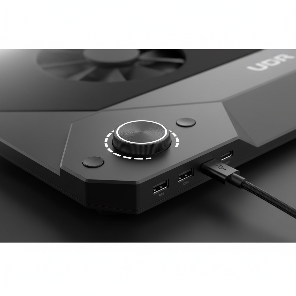 Close-up of laptop cooling pad fan speed control and USB power connection