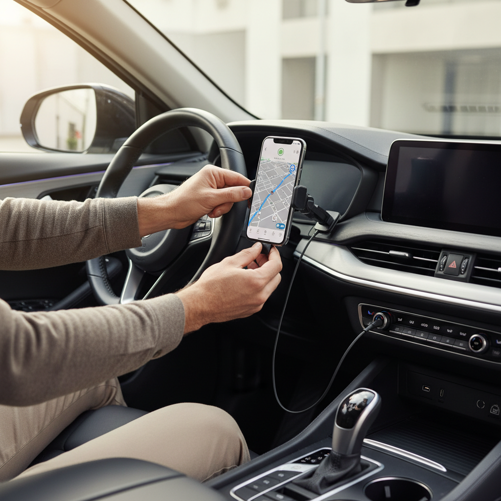 Driver installing a dashboard phone mount with cable management for charging