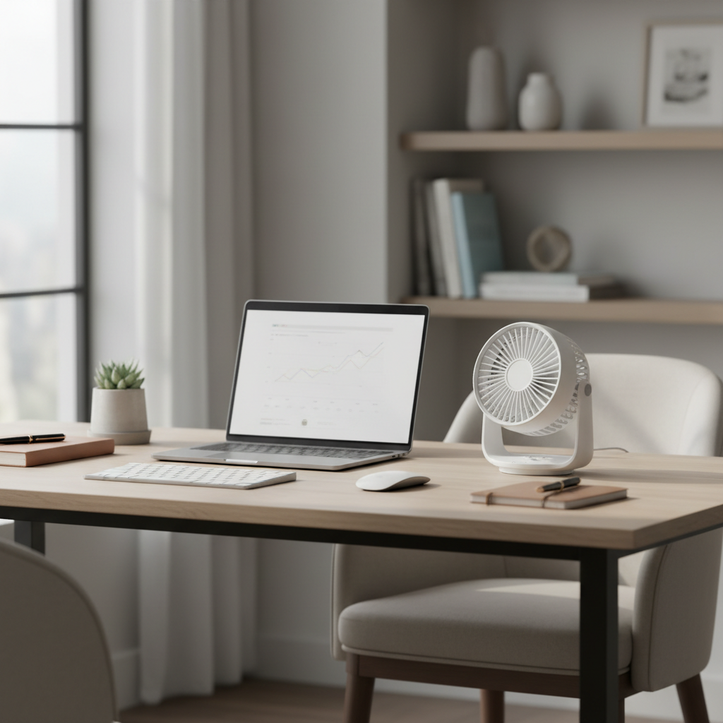 Quiet budget desk fan on a home office desk setup