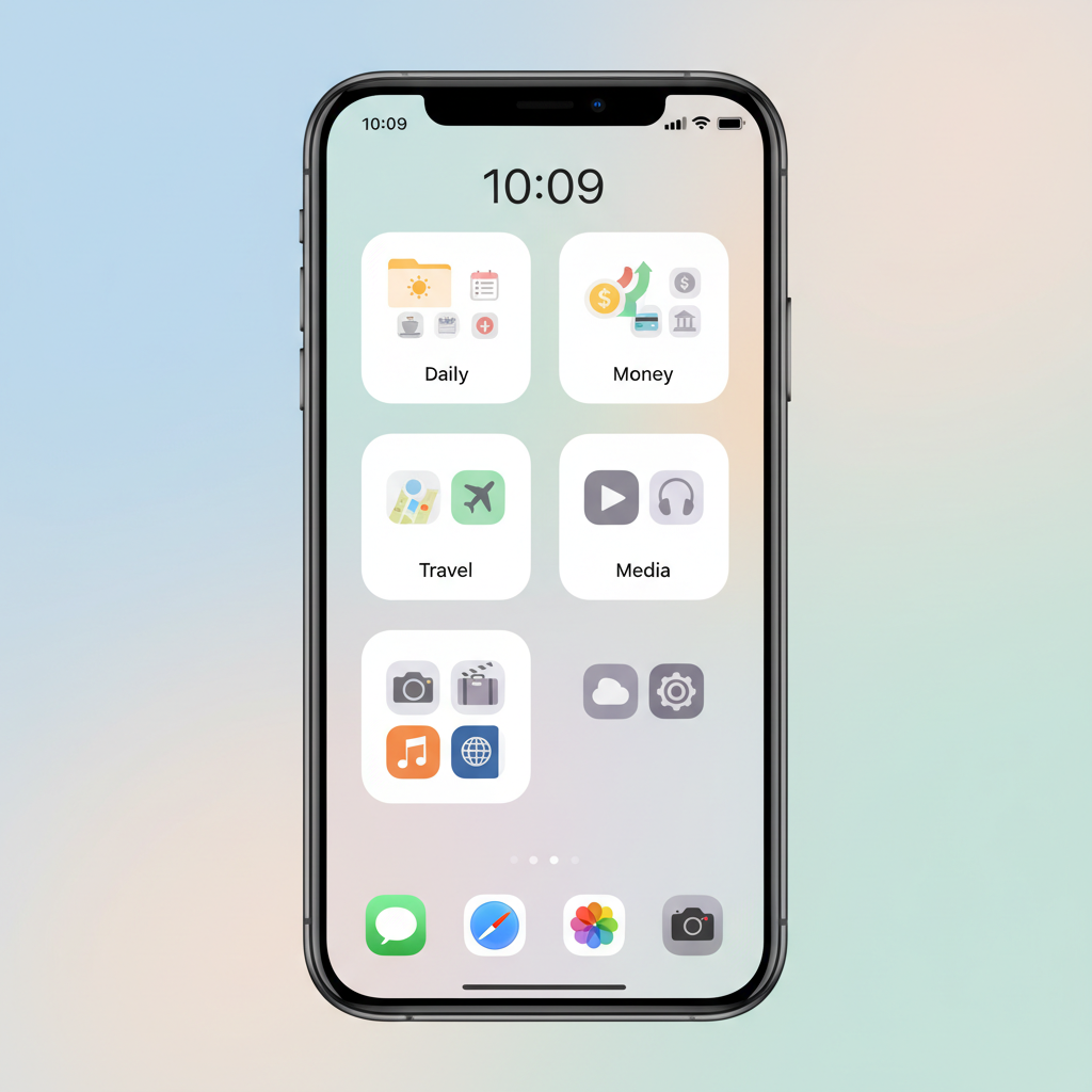 Example iPhone Home Screen layout with organized folders and a clean Dock