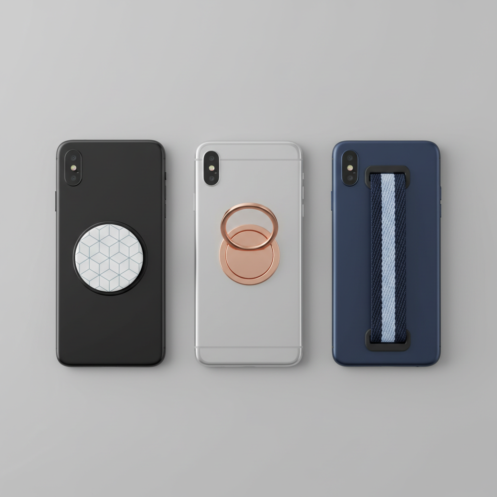 Different types of phone grips including PopSockets, ring grips, and strap grips on phone cases