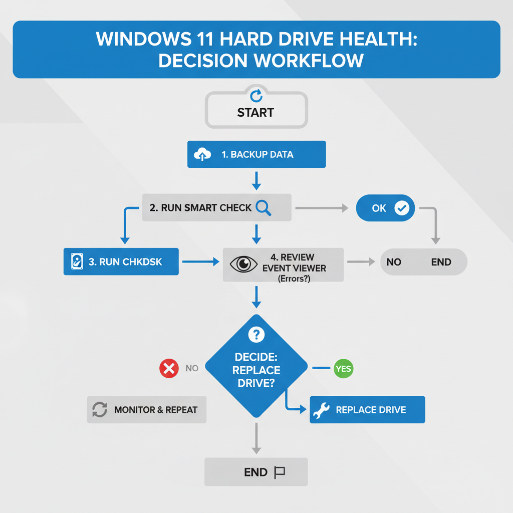 Decision workflow for backing up and replacing a failing drive on Windows 11