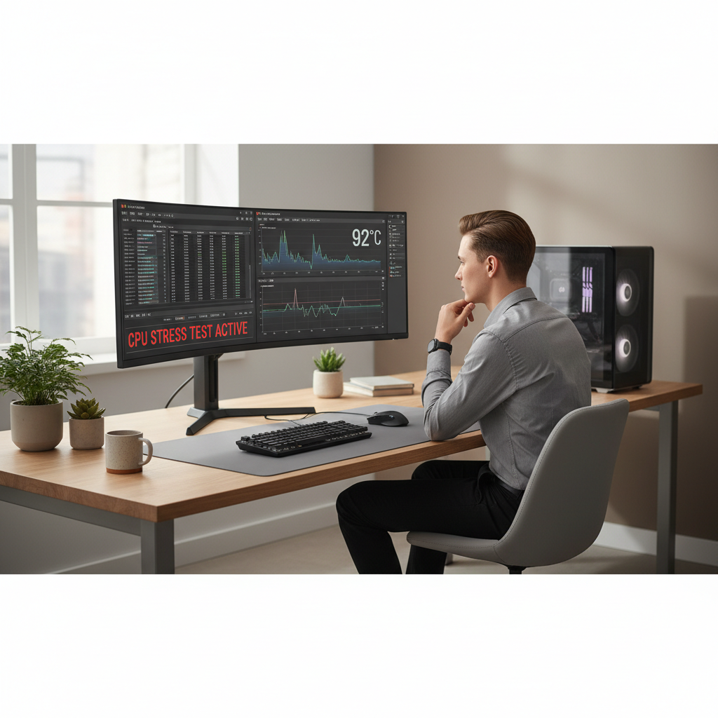 Person running a CPU stress test and monitoring temperatures on Windows 11