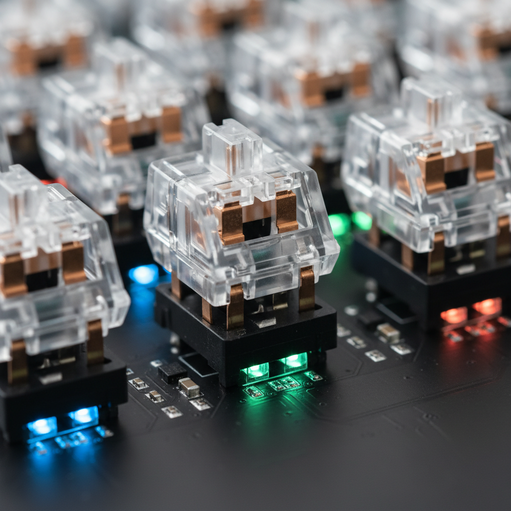Close-up of mechanical keyboard switches and hot-swap sockets with RGB lighting